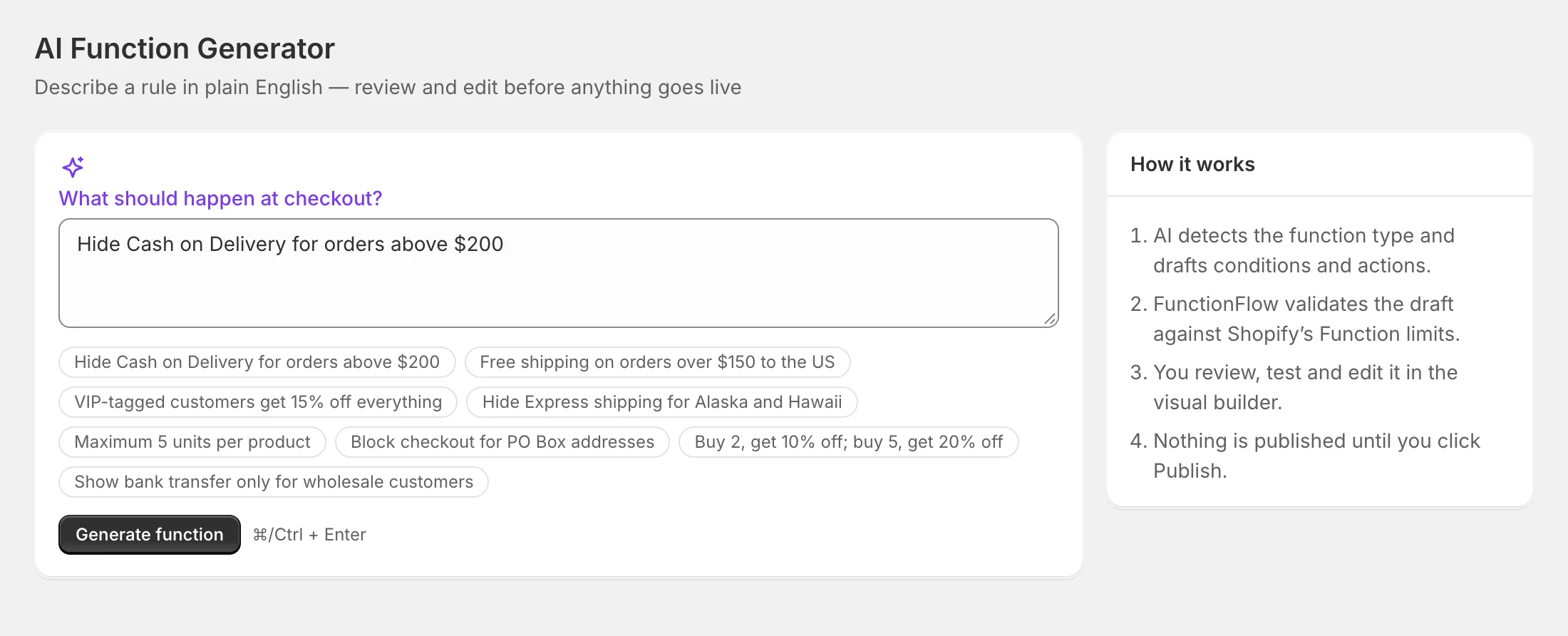 The AI Function Generator page with a prompt, example chips and the How it works card