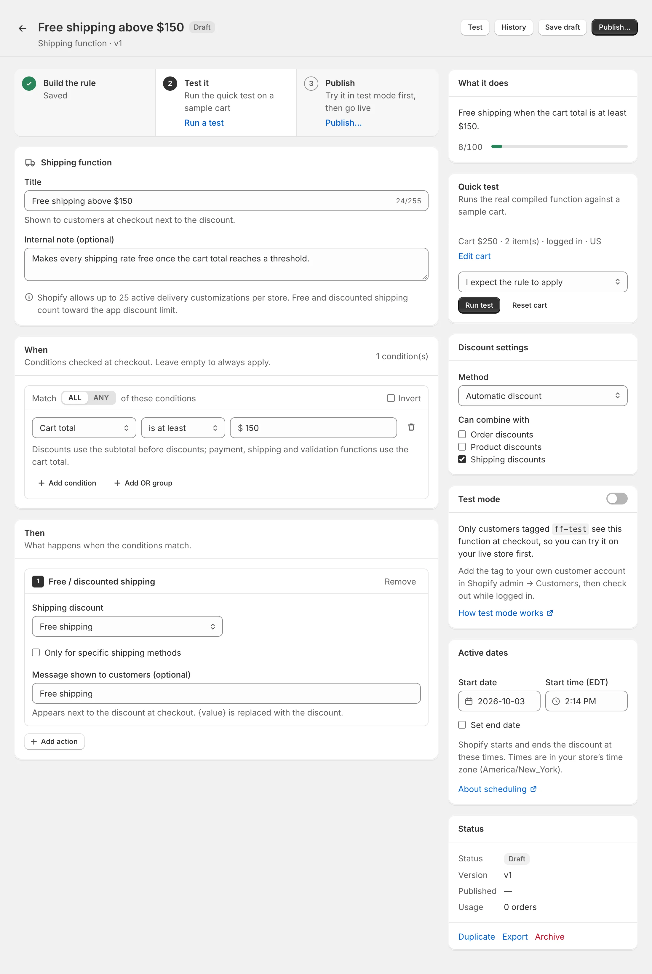 The visual builder: title, When and Then cards on the left, the summary, quick test and settings on the right