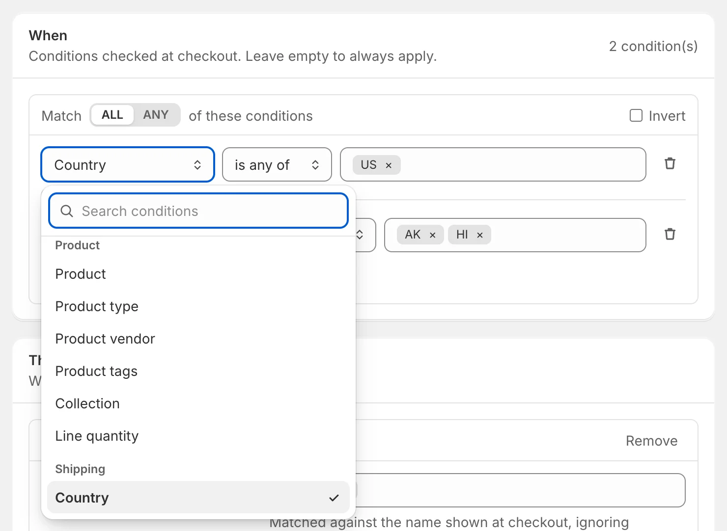 The condition picker lists only the conditions this kind of function can check. The condition picker open, with a search box and conditions grouped by Product and Shipping