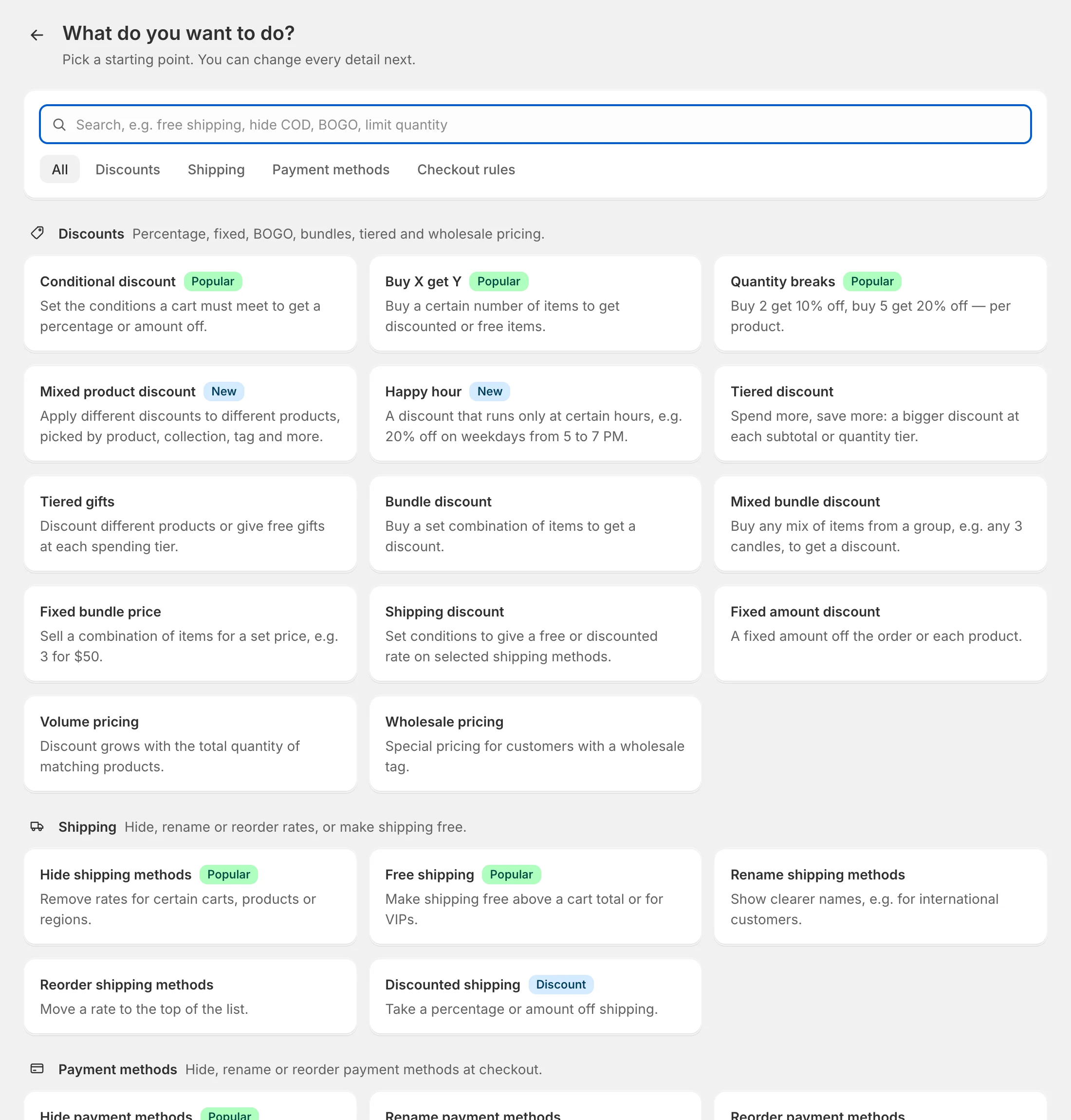 The “What do you want to do?” screen with discount, shipping, payment and checkout rule options