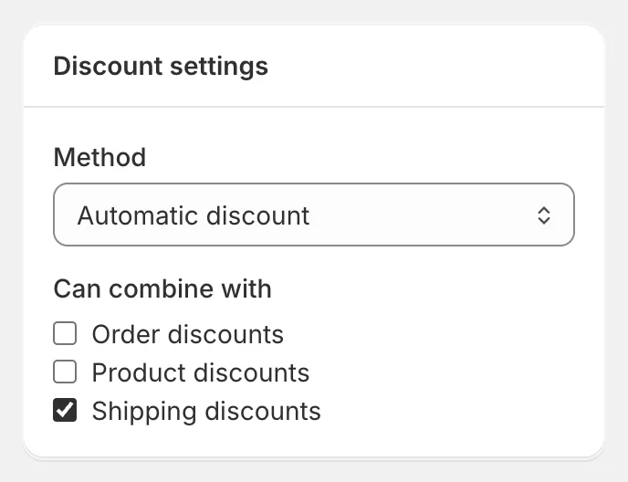 The Discount settings card with Method and Can combine with options