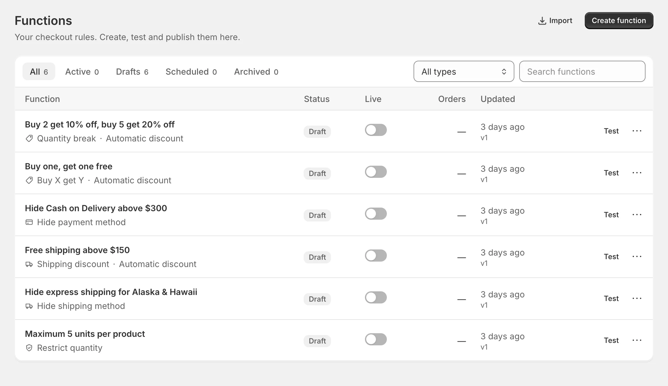 The Functions page with status tabs, type filter, search and the functions table