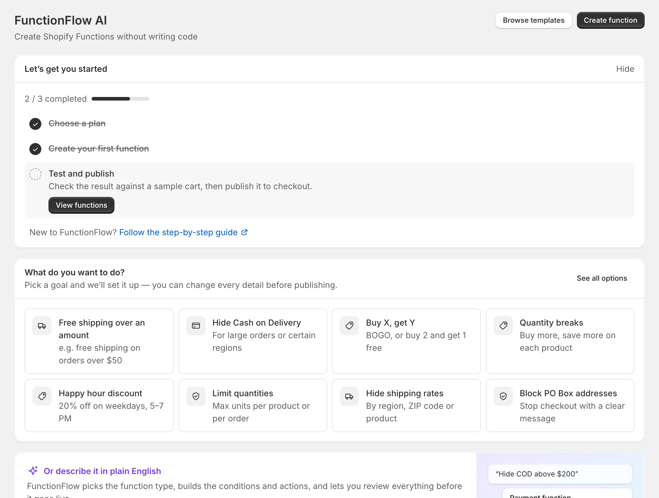 FunctionFlow AI’s Home page with the setup checklist, quick starts and stats