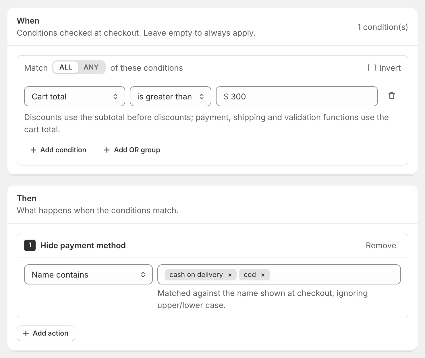 A payment function: when the cart total is greater than 300, hide payment methods containing cash on delivery