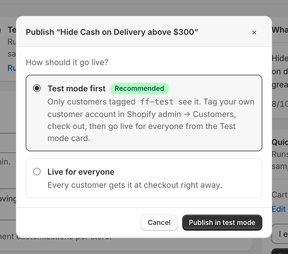The publish dialog with “Test mode first” selected