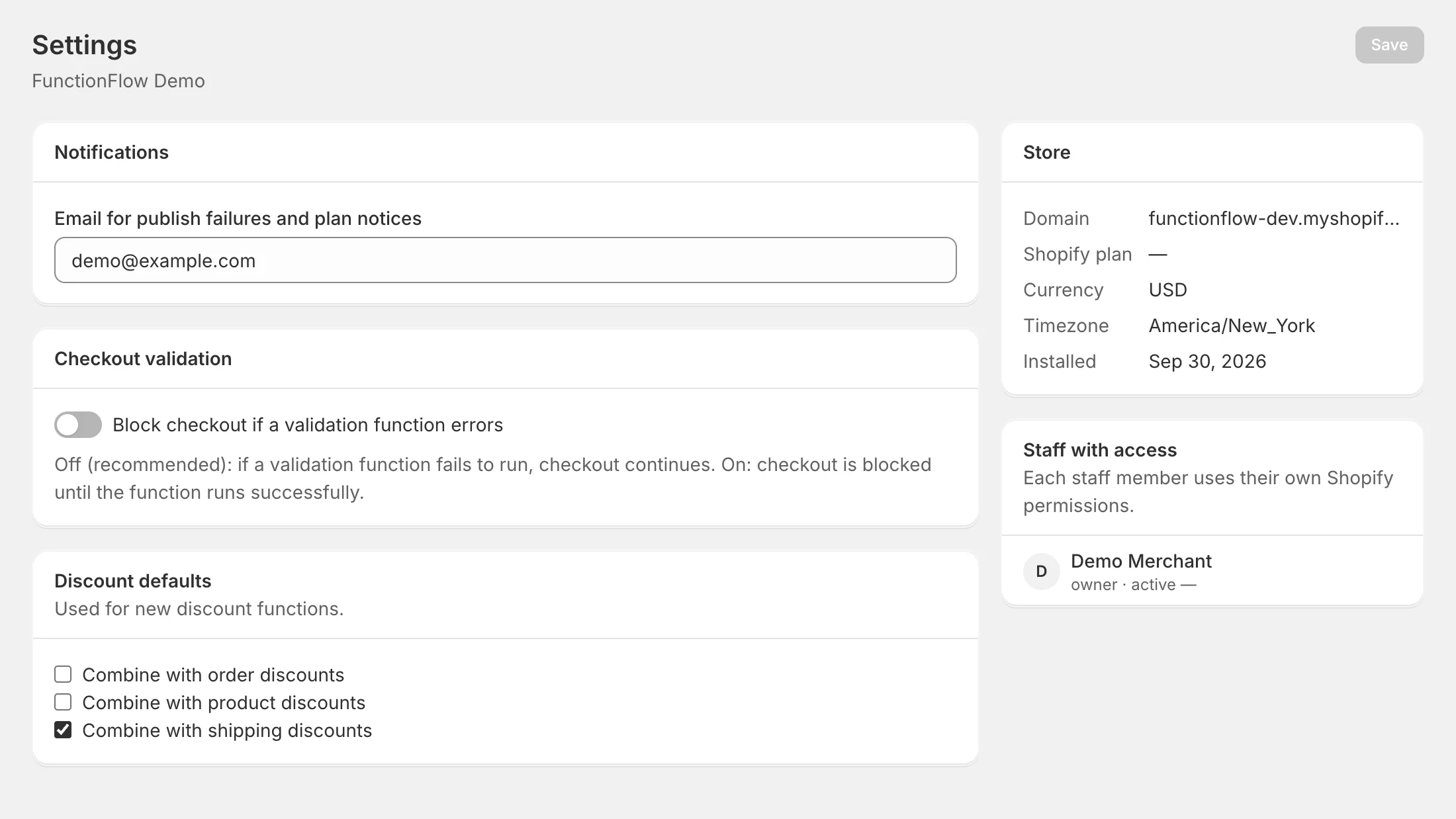 Settings for the whole store. The Settings page with Notifications, Checkout validation, Discount defaults, Store and Staff with access