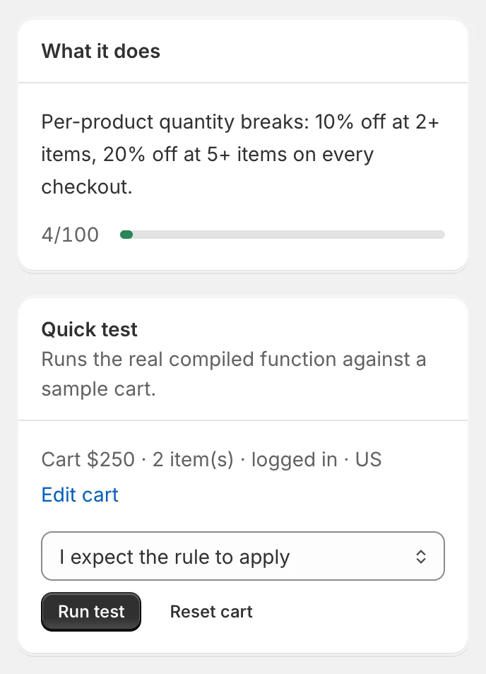 Quick test, collapsed. Click Edit cart to change the sample cart. The Quick test card in the builder sidebar