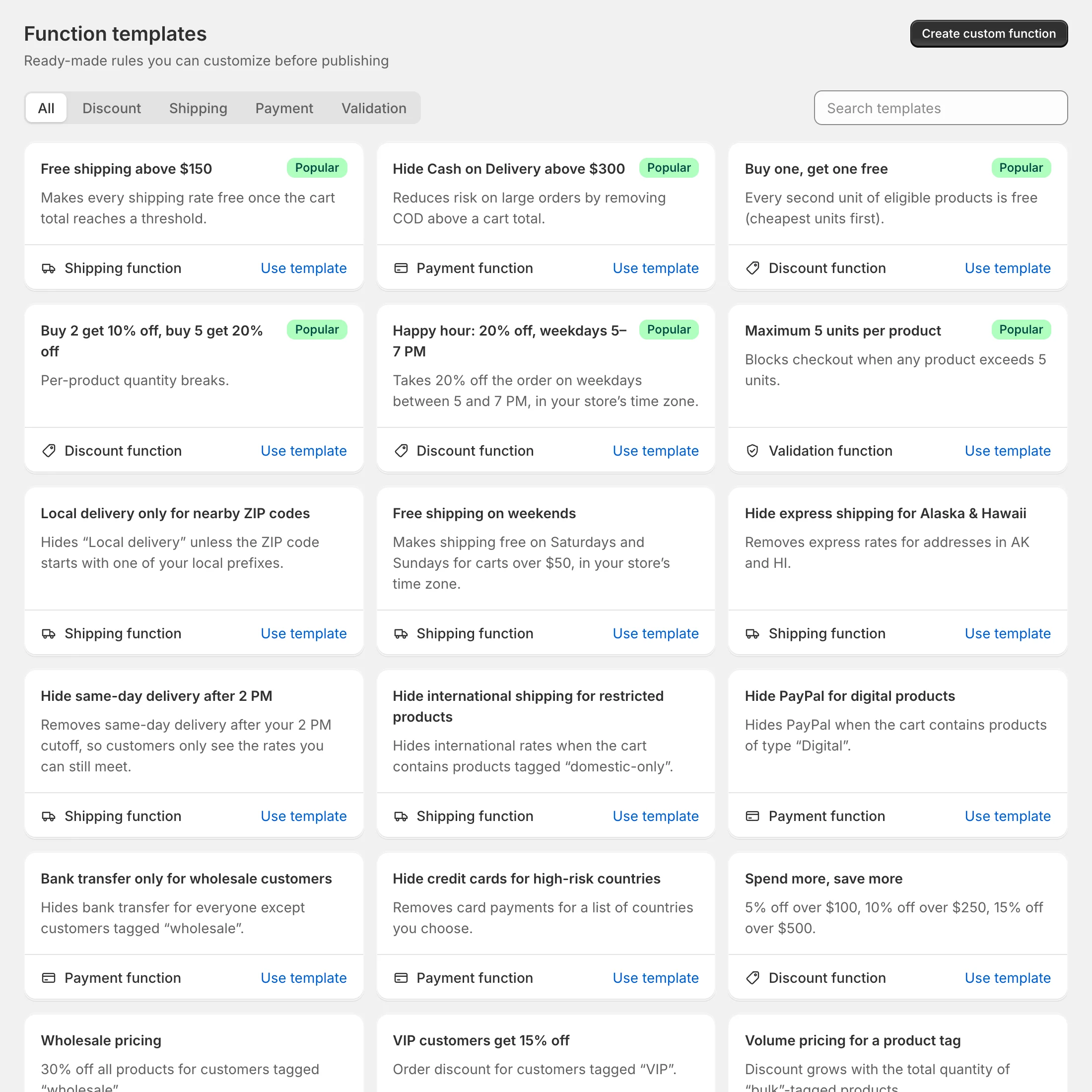 The Function templates page with type tabs, search and template cards