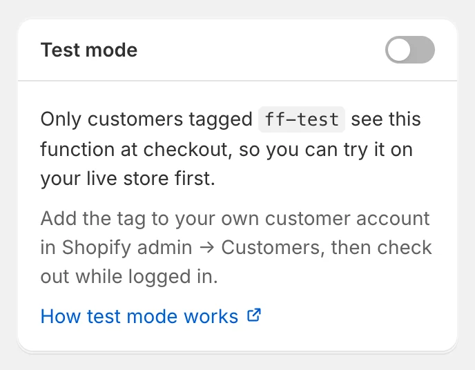 The Test mode card in the builder sidebar