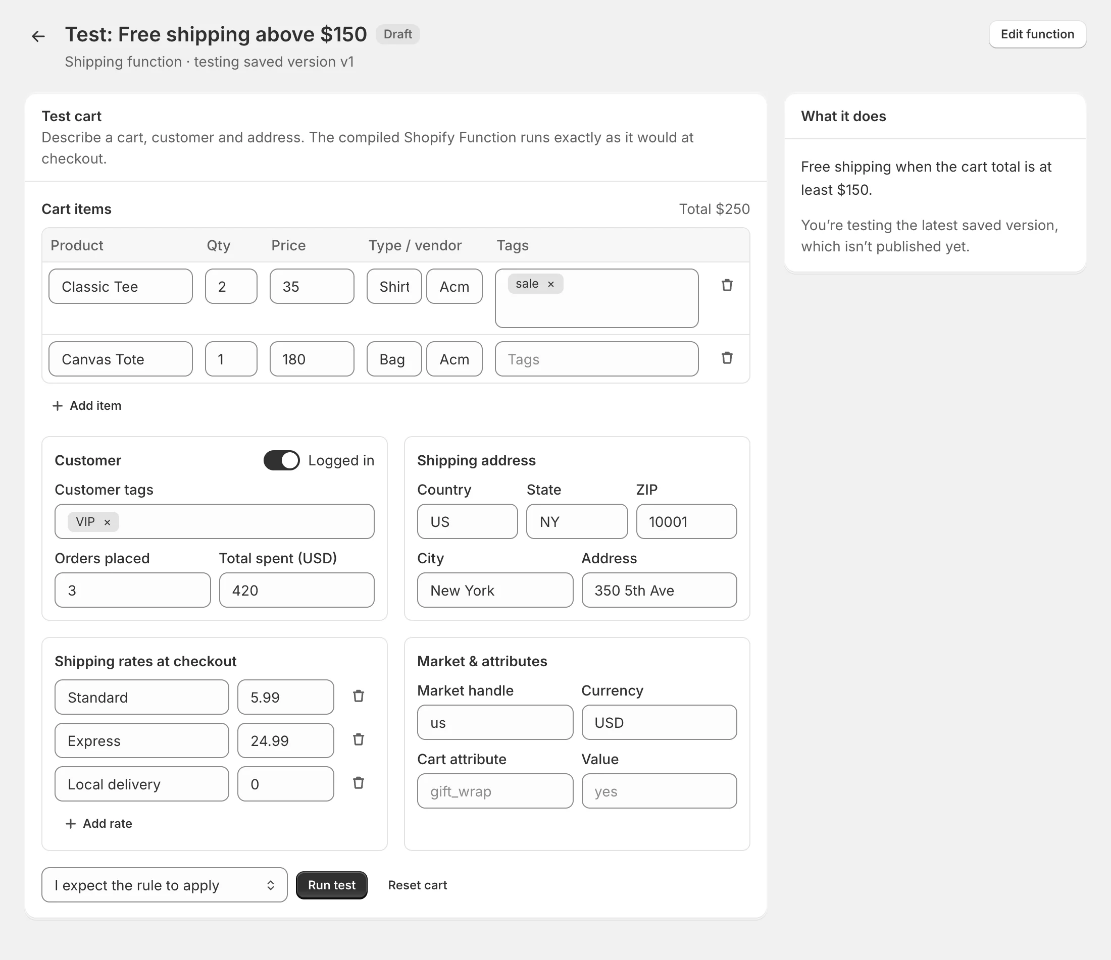 The Test page. The cart starts with two products, a VIP customer and a New York address. The full Test page with cart items, customer, address and shipping rates